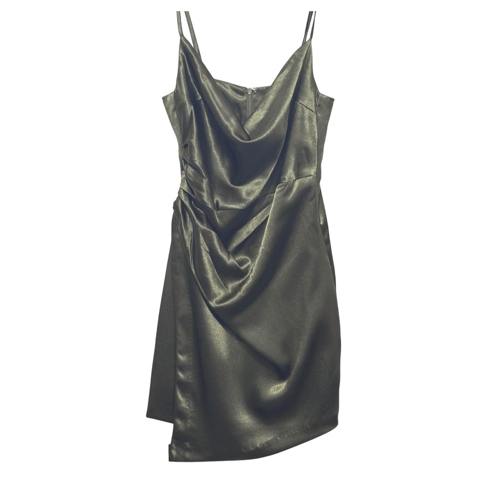 NWT Olive Green Satin Cowl Neck Ruched Minimalist Mini Slip Cocktail Dress Small